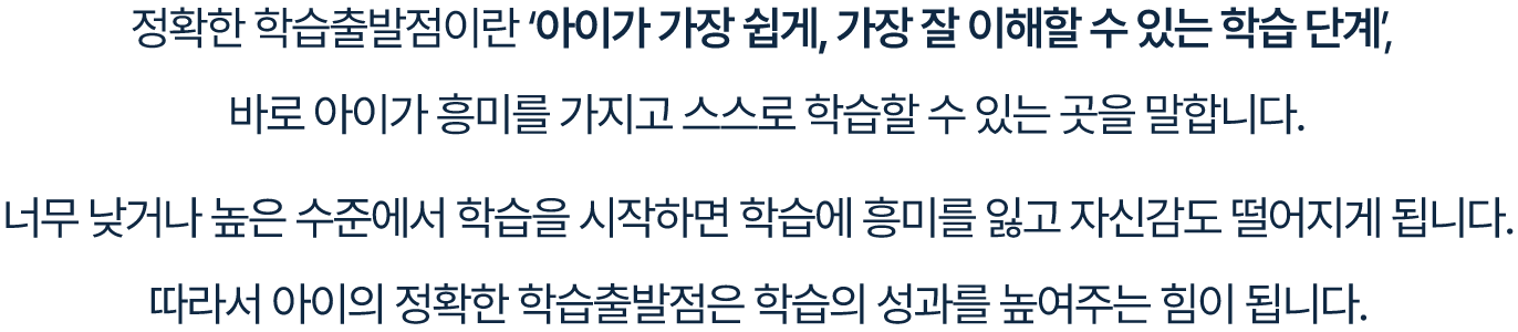 정확한 학습출발점이란 ‘아이가 가장 쉽게, 가장 잘 이해할 수 있는 학습 단계’, 바로 아이가 흥미를 가지고 스스로 학습할 수 있는 곳을 말합니다. 너무 낮거나 높은 수준에서 학습을 시작하면 학습에 흥미를 잃고 자신감도 떨어지게 됩니다. 따라서 아이의 정확한 학습출발점은 학습의 성과를 높여주는 힘이 됩니다.