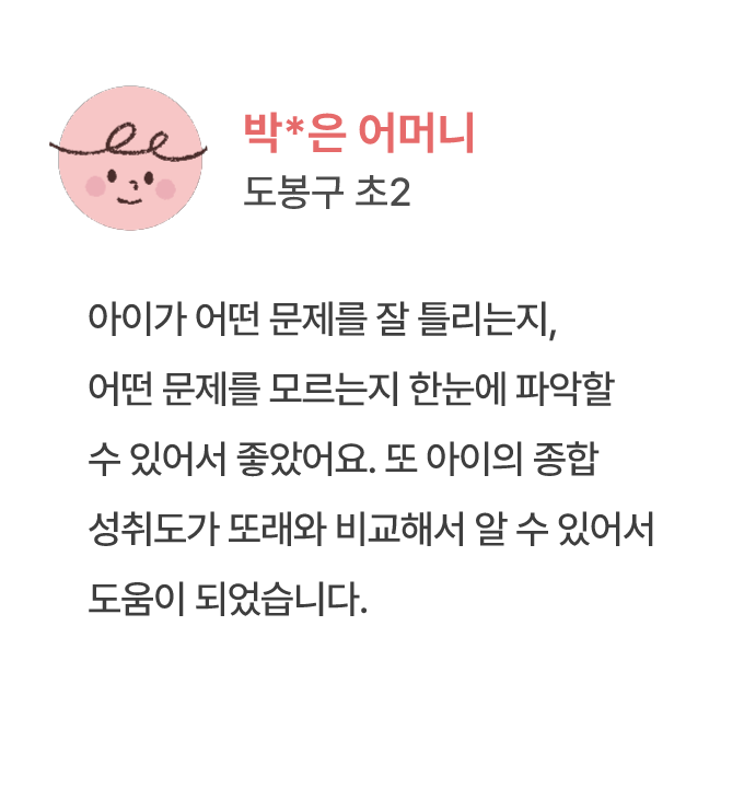 박*은 어머니 도봉구 초2 아이가 어떤 문제를 잘 틀리는지, 어떤 문제를 모르는지 한눈에 파악할 수 있어서 좋았어요. 또 아이의 종합 성취도가 또래와 비교해서 알 수 있어서 도움이 되었습니다.